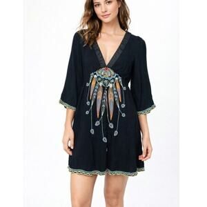 Twenty One Embroidered Dress Women's Size M Black Bell Sleeve Boho Hippe Flowy